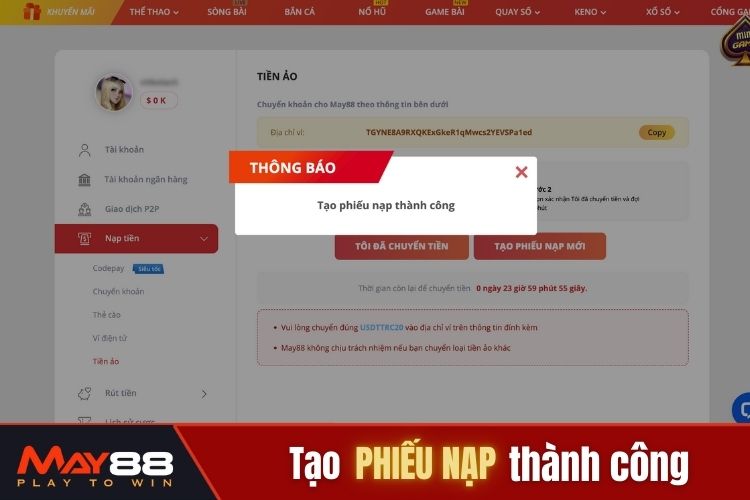 Thông báo tạo phiếu giao dịch nạp tiền thành công