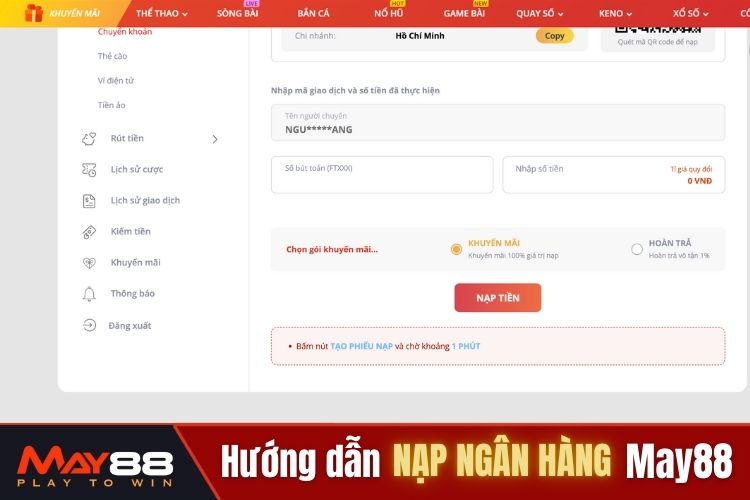 Hướng dẫn nạp tiền thông qua tài khoản ngân hàng tại May88